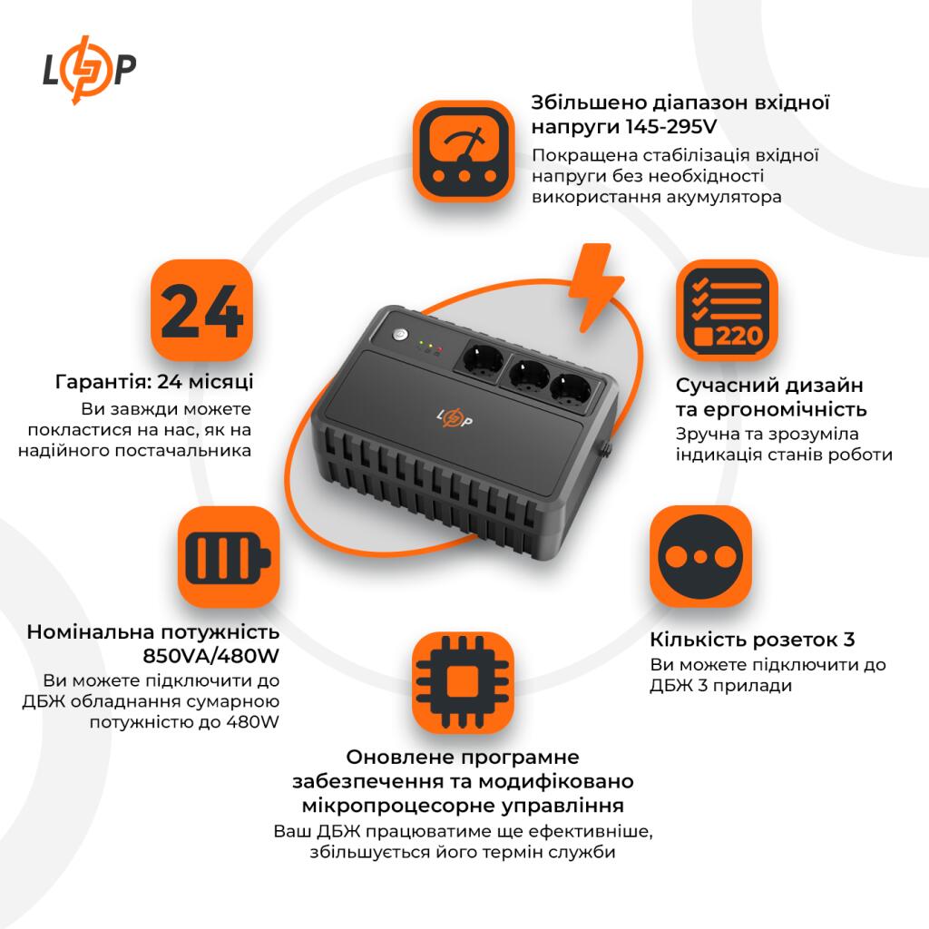 Джерело безперебійного живлення (ДБЖ) LP-U850VA-3PS (480Вт) - Зображення 2