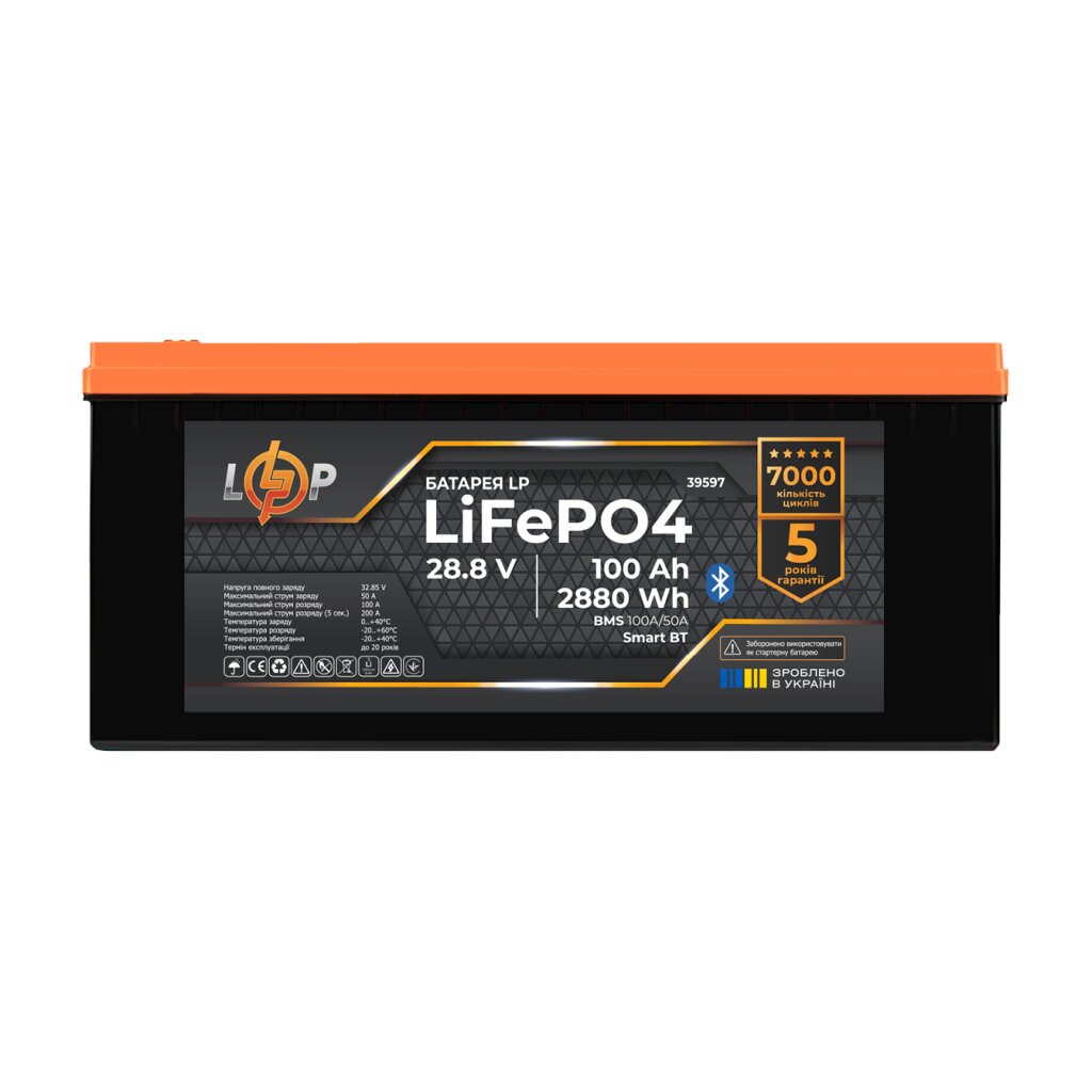 Аккумулятор LP LiFePO4 28,8V (9S) - 100 Ah (2880Wh) (BMS 100A/50А) пластик Smart BT - Изображение 1