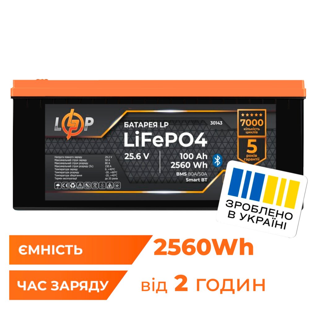 Аккумулятор LP LiFePO4 25,6V - 100 Ah (2560Wh) (BMS 80А/50А) пластик Smart BT - Изображение 1