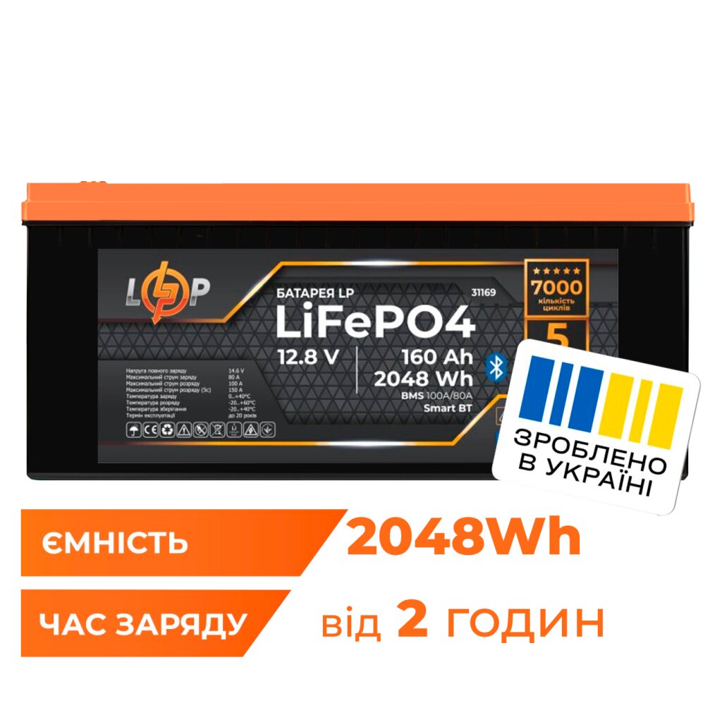 Аккумулятор LP LiFePO4 12,8V - 160 Ah (2048Wh) (BMS 100A/80А) пластик Smart BT - Изображение 1