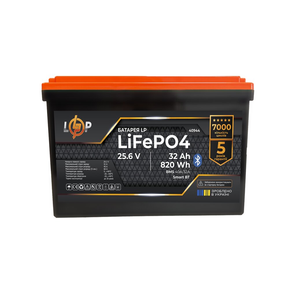 Аккумулятор LP LiFePO4 25,6V - 32 Ah (820Wh) (BMS 40А/32A) пластик Smart BT - Изображение 1