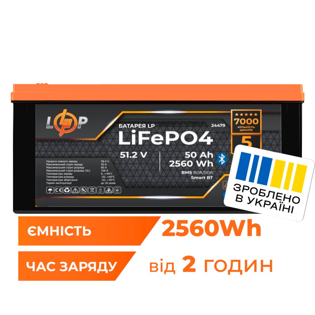 Аккумулятор LP LiFePO4 51,2V - 50 Ah (2560Wh) (BMS 80A/50А) пластик Smart BT - Изображение 1
