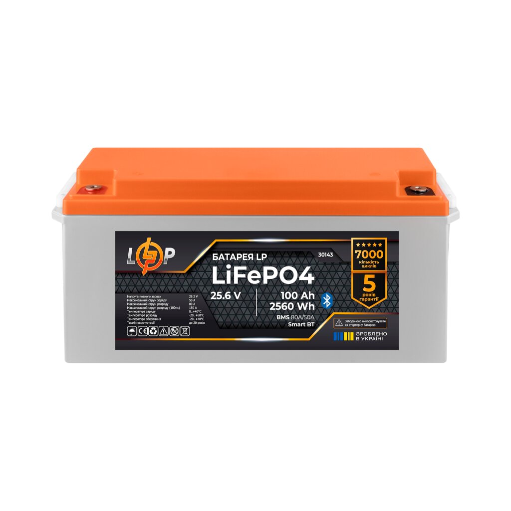 Акумулятор LP LiFePO4 25,6V - 100 Ah (2560Wh) (BMS 80А/50) пластик Smart BT - Изображение 1