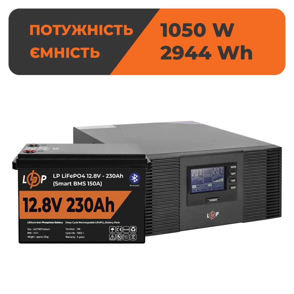 Комплект резервного живлення LP (LogicPower) ДБЖ + літієва (LiFePO4) батарея (UPS B1500+ АКБ LiFePO4 2944W) - Изображение 1