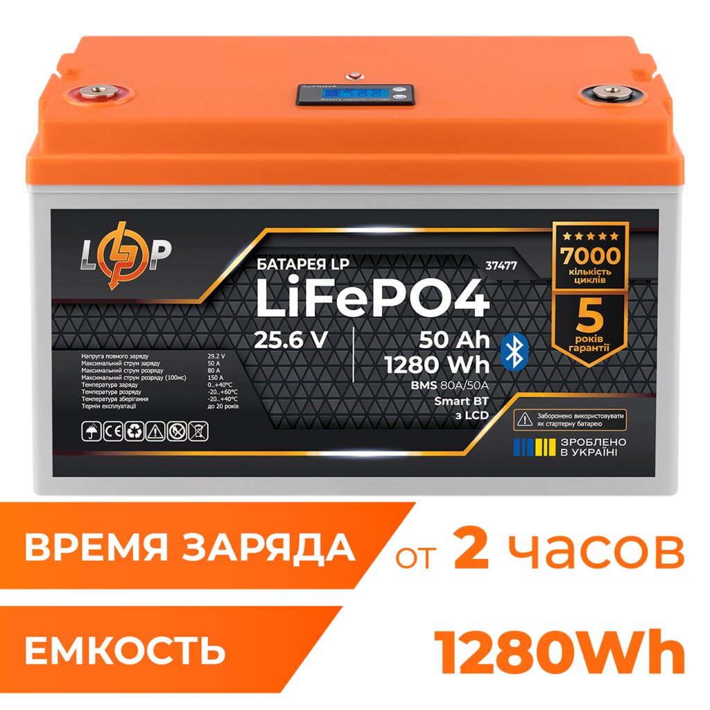 Аккумулятор LP LiFePO4 25,6V - 50 Ah (1280Wh) (BMS 80A/50А) пластик LCD Smart BT - Изображение 2