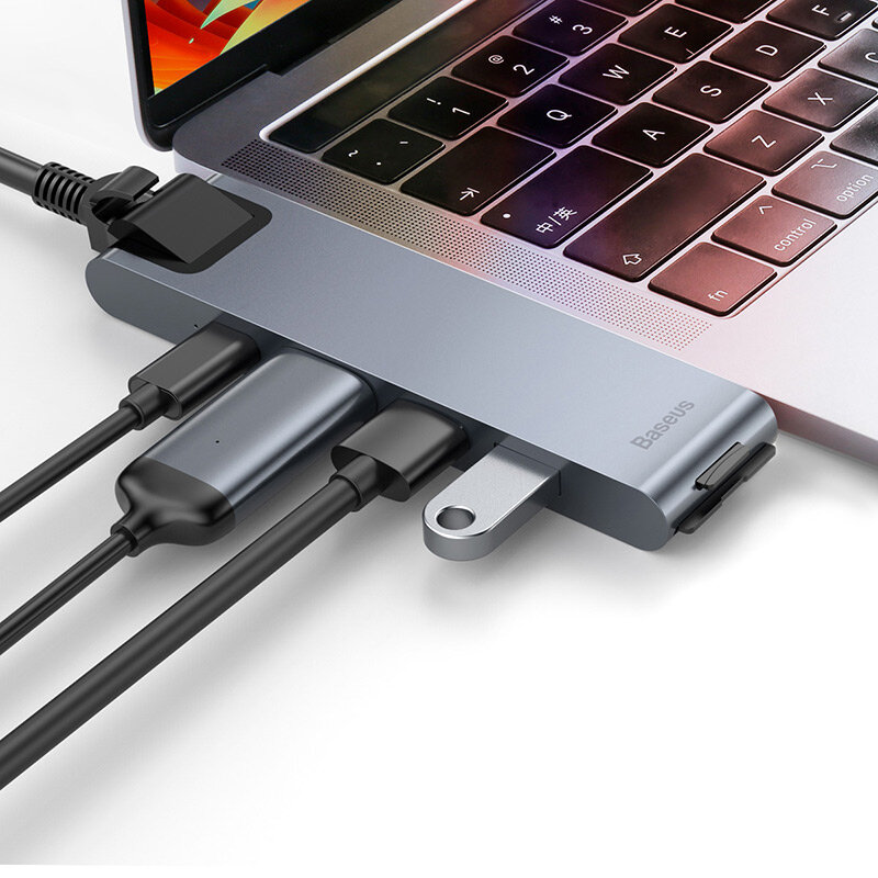 USB Hub Baseus Thunderbolt C Pro Dual Type-C to USB3.0*2+HDMI+RJ45+Type-C PD+ microSD+ SD(CAHUB-L0G) - Изображение 2