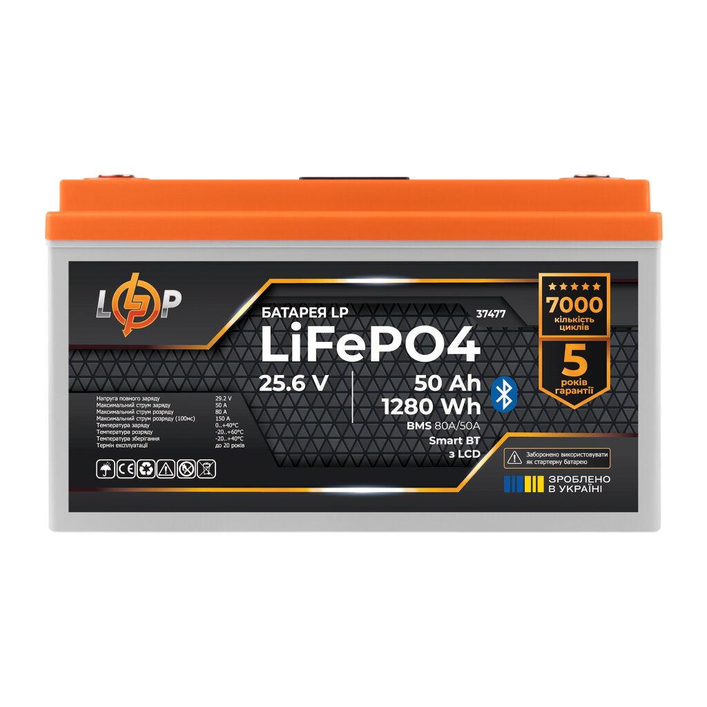 Акумулятор LP LiFePO4 25,6V - 50 Ah (1280Wh) (BMS 80A/50А) пластик LCD Smart BT - Изображение 1