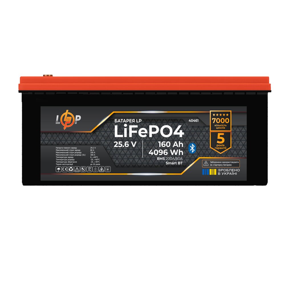 Аккумулятор LP LiFePO4 25,6V - 160 Ah (4096Wh) (BMS 160A/80А) пластик Smart BT - Изображение 1