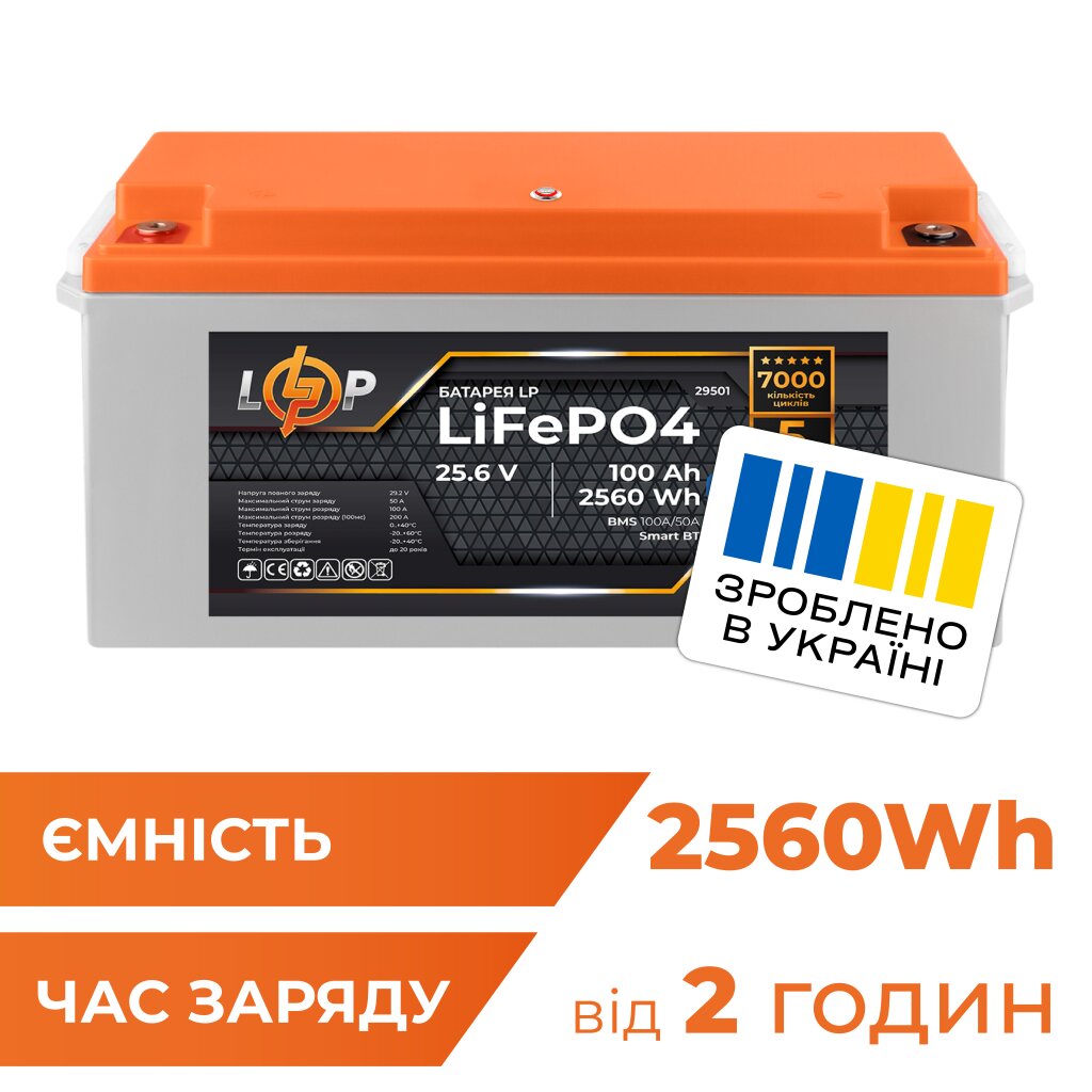 Акумулятор LP LiFePO4 25,6V - 100 Ah (2560Wh) (BMS 100A/50А) пластик Smart BT - Изображение 1