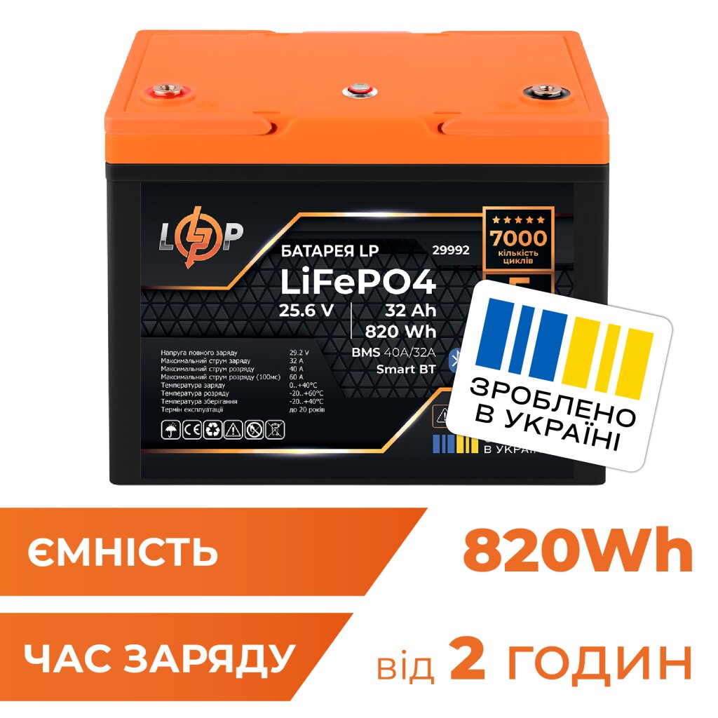 Акумулятор LP LiFePO4 25,6V - 32 Ah (820Wh) (BMS 40A/32А) пластик Smart BT - Изображение 1