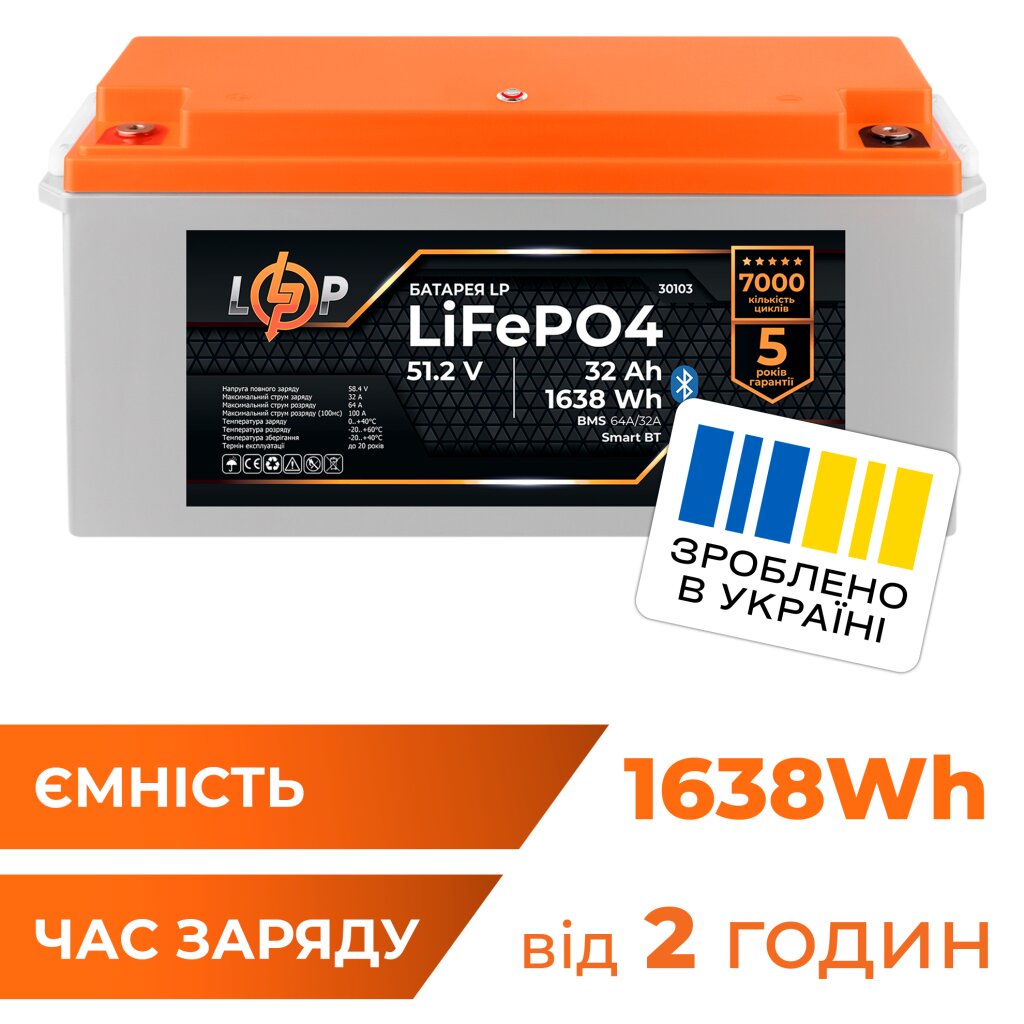 Акумулятор LP LiFePO4 51,2V - 32 Ah (1638Wh) (BMS 64A/32А) пластик Smart BT - Изображение 1