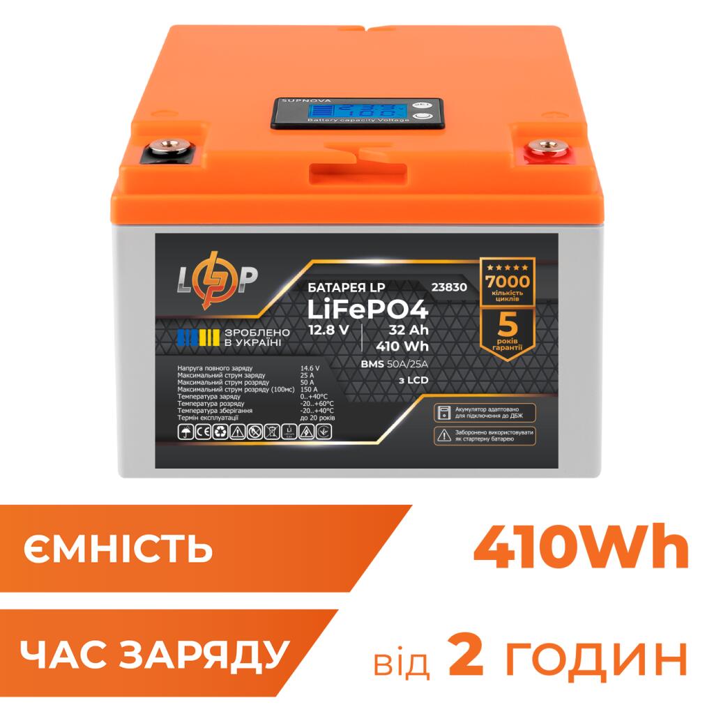 Акумулятор LP LiFePO4 12,8V - 32 Ah (410Wh) (BMS 50А/25A) пластик LCD для ДБЖ - Зображення 2