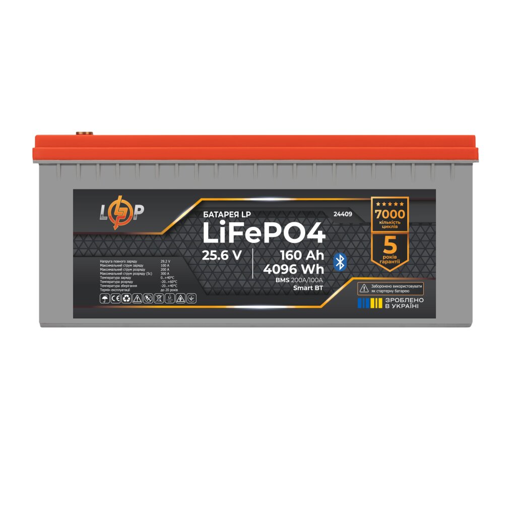Аккумулятор LP LiFePO4 25,6V - 160 Ah (4096Wh) (BMS 200A/100А) пластик LCD Smart BT - Изображение 3