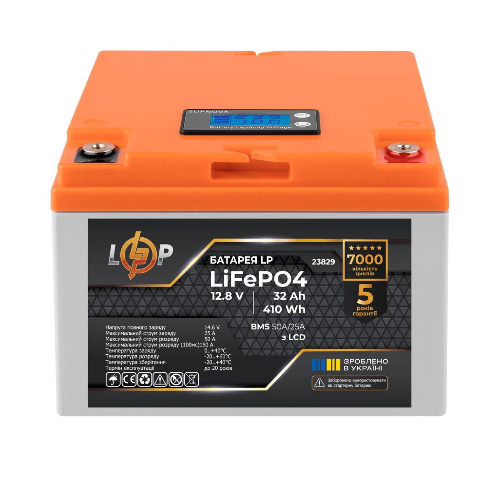 Аккумулятор LP LiFePO4 12,8V - 32 Ah (410Wh) (BMS 50А/25A) пластик LCD - Изображение 3