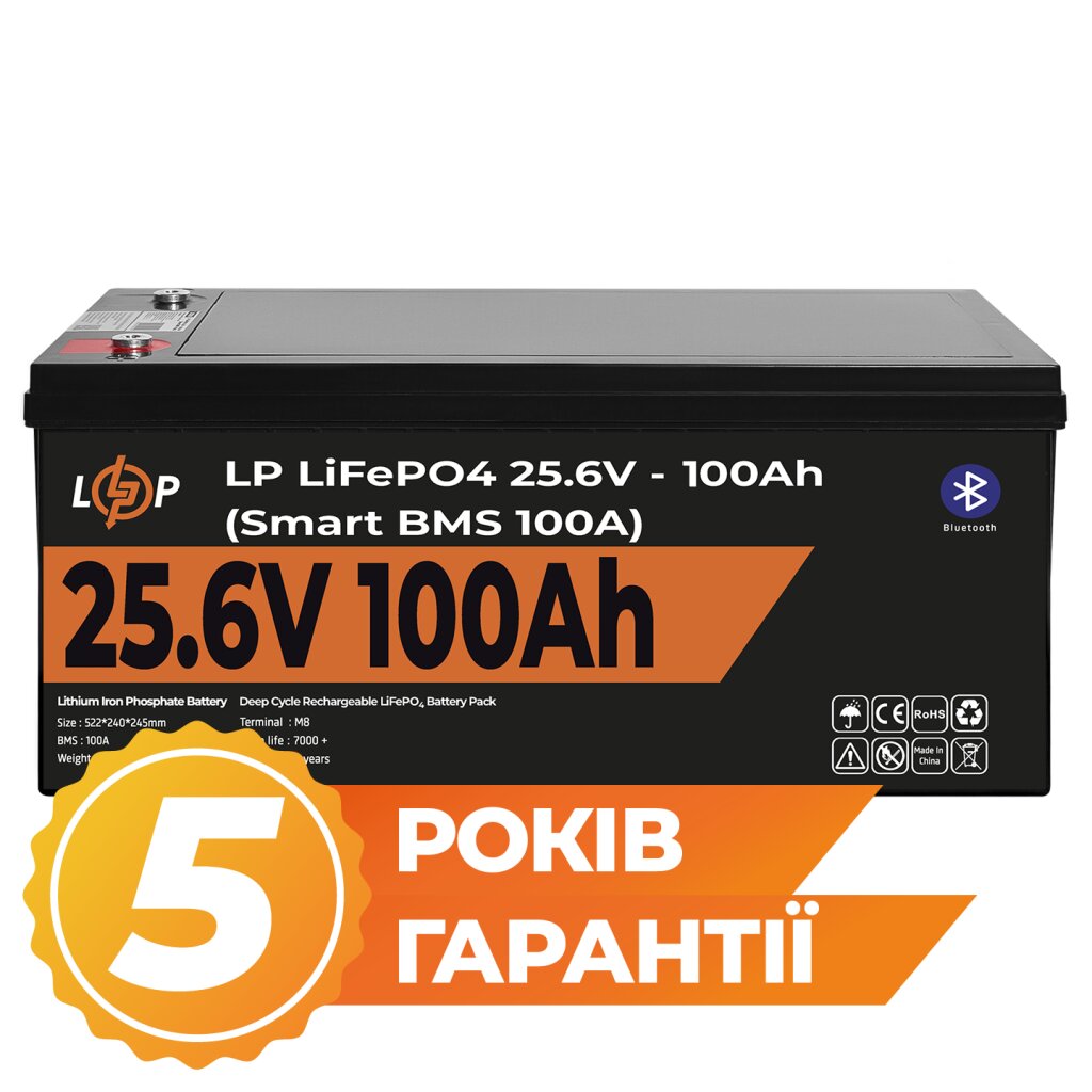 Акумулятор LP LiFePO4 24V (25,6V) - 100 Ah (2560Wh) (Smart BMS 100А) с BT пластик - Изображение 1